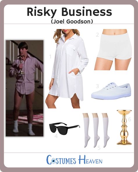 If you're looking for a last-minute Halloween costume idea, you can try the Risky Business Costume. Wear this outfit and dance like Joel Goodson at a Halloween party. #riskbusinesscostume #RiskyBusiness #cosplay #halloweencostume #costumesheaven Risky Business Costume Women, Risky Business Halloween Costume, Joel Goodson, Risky Business Costume, Business Outfit Ideas, Candle Holders Diy, Risky Picture Ideas, Guy Dancing, Mens White Dress Shirt