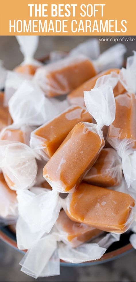 My FAVORITE treat to bring to neighbors every year. These caramels are so soft and buttery! Easy to make too! Soft Caramels Recipe, Carmel Recipe, Homemade Caramel Candy, Homemade Caramel Recipes, Homemade Caramels, Christmas Candy Recipes, Candy Recipes Homemade, Soft Caramel, Caramel Candy