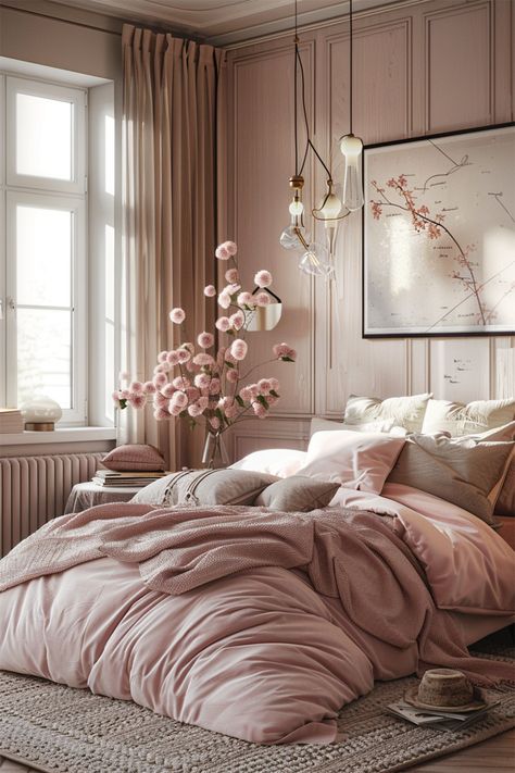 Blush Haven • Morning light pours in, adding a glow to a room awash with blush tones • A luxuriously soft duvet in dusty rose lies in gentle folds, promising warmth and comfort • Delicate pink blossoms in a clear vase whisper of spring, while abstract art adorns the paneled wall • Unique pendant lights dangle with an artistic flair • This sanctuary marries the romance of rosy hues with the sophistication of modern design, creating a dreamy retreat where one can unwind in style. Dusty Rose Bedroom Ideas Boho, Pink And Champagne Bedroom, Neutrals And Pink Bedroom, Rose Colored Bedroom Ideas, Muted Pink Bedroom Walls, Chic Feminine Bedroom, Modern Blush Bedroom, Dusty Rose Room Ideas, Girly Modern Bedroom