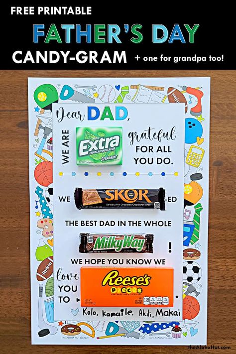 Father's Day Gift Idea from the Kids. Candy Gram Giant Poster Card for Dad or Grandpa. Say Happy Father's Day with cute candy bar sayings that dad will love! Print a gift for grandpa too with this DIY Father's Day gift idea. Free printable cheap and easy gift idea for dad or grandpa. #fathersdaygiftideas #fathersdayposter #fathersdaycandygram #fathersdaycandyposter #candyposter #fathersdaygiftfromkids #freeprintables #cheapfathersdaygiftideas More Father's Day activities and games on our blog. Fathers Day Candy Bar Poster, Homemade Fathers Day Card, Candy Birthday Cards, Cheap Fathers Day Gifts, Candy Bar Poster, Kids Fathers Day Crafts, Homemade Birthday Gifts, Candy Card, Diy Father's Day Crafts