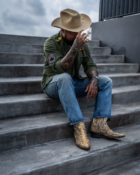 Robert Waldrup | Creepin’ on a come up . . . Hat: @sparrowsandwolves @fool.for.love OG: @coralfangatelier Ring: @southernoaktrading Denim: @lowtimers… | Instagram Denim On Denim Men, Cowboy Hat Outfit Men, Cowboy Hat Outfit, Hat Outfit Men, Boot Fits, Denim Men, Urban Cowboy, Denim On Denim, Cowboy Outfits