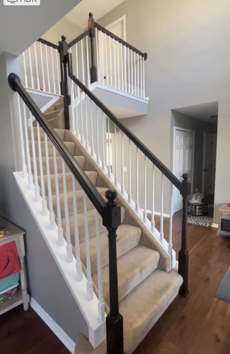 Stained Banister, Wooden Stair Railing Ideas, Update Stair Railing, Stained Staircase, Wooden Staircase Railing, Staircase Spindles, Stairs Colours, Stair Railing Makeover, Java Gel