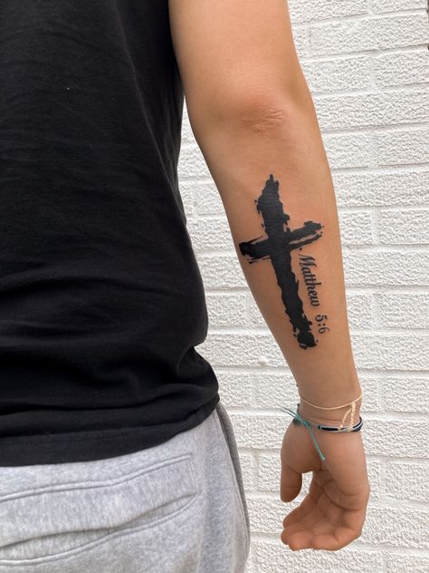 Men Tattoo Placement Small, Men Tattoo Ideas Cross, Tattoo The Cross, Christianity Tattoos For Guys, First Forearm Tattoo Ideas Men, Christian Tattoo Forearm, Cross And Verse Tattoo, Men Legs Tattoo, Lord’s Prayer Tattoo