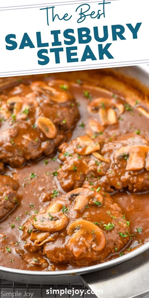 This Salisbury Steak is a comforting classic that is easy to make and even easier to love. Made from scratch with the perfect mushroom gravy, everyone will be begging for seconds. Salsberry Steak Recipe Easy Crockpot, Saulsberry Steak Recipes, Salisbury Steak Gravy, Best Salisbury Steak, Turkey Salisbury Steak, Best Salisbury Steak Recipe, Easy Salisbury Steak, Salisbury Steak Recipe, Campbells Soup Recipes