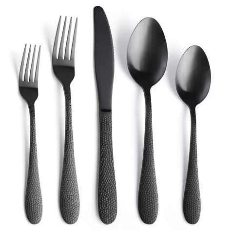 PRICES MAY VARY. 【Matte Black Silverware Set】：Comes with 8 Dinner Forks, 8 Dinner Spoons, 8 Dinner Knives, 8 Dessert spoons, and 8 Dessert Forks, Easy clean, apartment essentials for first apartment! Great value for money! 【HEALTHY MATERIAL】: Made of high quality 18/0 stainless steel, Nickel free, Healthy for daily use, Durable and rust resistant to serve you for many years, Easy to care for and dishwasher safe 【SOLID BUILD】: Each handle with rounded edges make it comfortable to hold, Matte with Black Silverware, Black Flatware, Stainless Steel Silverware, Stainless Steel Flatware, Utensil Set, Serving Set, Flatware Set, Cutlery Set, Flatware