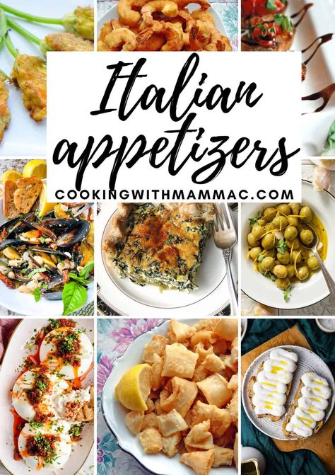 Looking for Italian appetizers? Here's a delicious collection of Italian starters, including antipasto, vegetarian, meat and seafood options! Get the recipes you need for the holidays or any festive gathering! #italianappetizers #antipastorecipes #italianstarters Appetizer Recipes For Italian Dinner, Pasta Dinner Appetizers, Italian Meal Ideas For Dinner, Italian Snacks Parties, Italian Apertivo Party, Italian Food Party Ideas Dinners, Entree Ideas Appetizers, Italian Appetizers Authentic, Appetizers To Go With Italian Food