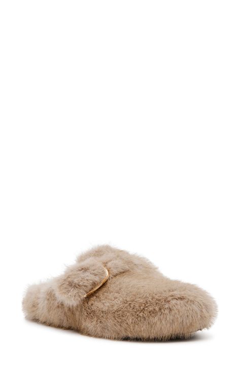 Steve Madden reimagines the wardrobe-essential loafer mule with this buckled version completely covered with plush faux fur. 1 1/2" heel; 1" platform (size 8.5) Textile faux-fur upper and lining/synthetic sole Imported Fur Mules, Flat Mules, Platform Slippers, Fall Fits, Loafer Mules, Maternity Shops, Pointed Toe Shoes, Kids Sandals, Fabric Gift Bags