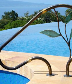 Hand Railings - Padilla Designs Swimming Pool Handrails, Pool Handrail Ideas, Handrail Ideas, Pool Handrail, Pool Rails, Garden Driveway, Main Gates, Hand Rail, Pool Remodel