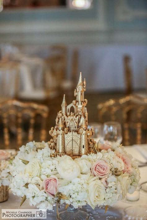 Disney themed wedding with the Disney castle for the top table centrepiece. Image by Michelle Charnock Photographer Fairy Tail Table Decorations, Fairy Tale Theme Quinceanera, Cinderella Wedding Theme Centerpieces, Aurora 15 Theme, Fairytale Wedding Theme Table Decor, Disney Sweetheart Table Wedding, Disney Themed Table Centerpieces, Disney Themed Wedding Tables, Disney Castle Centerpiece