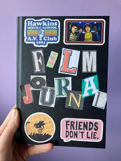 Journal Book Covers Ideas, Scrapbook Journal Cover Ideas, Movie Journal Cover, Journal Book Cover Ideas, Diary Ideas Creative Cover, Cover Scrapbook Ideas, Movie Scrapbook Ideas, Film Journal Cover, Scrapbook Cover Ideas Diy