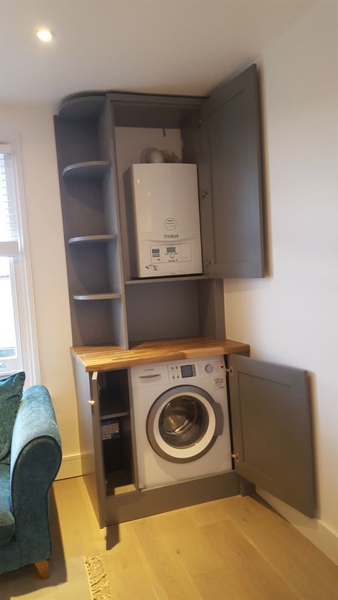 Boiler In Utility Room, Cupboard To Hide Boiler, Cabinet Over Washing Machine, Hidden Boiler In Kitchen, Covering Boiler Ideas, Small Boiler Room Ideas, Cupboard Above Washing Machine, Cover Up Boiler In Kitchen, Boiler Hiding Ideas