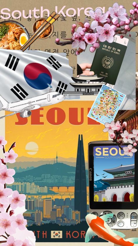 Korean Vision Board, Korea Poster Design, Korea Collage, South Korea Seoul Aesthetic, Seoul Wallpaper, Design Print Layout, South Korea Fashion, Seoul Korea Travel, Learning Phonics