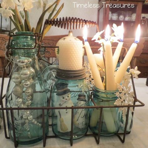 This would be great on a patio table - Timeless Treasures : Milk Bottle Tote and Aqua Ball Jars Tapered Candles, Blue Mason Jars, Jar Decor, Vintage Jars, Ball Jars, Mason Jar Diy, Mason Jar Crafts, Milk Bottle, Décor Diy