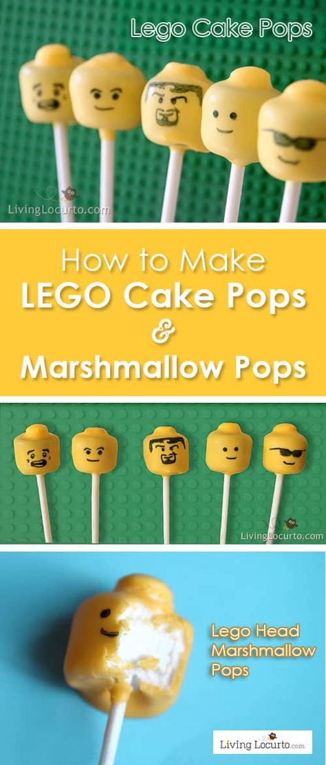 How to make DIY Lego Cake Pops and Lego Marshmallow Pops. Easy Recipe idea for a LEGO Birthday Party. Cute party food. Kids will love these edible minifigures. Marshmallow Pops Birthday, Lego Cake Pops, Cake Icing Tips, Birthday Recipes, Diy Lego, Cake Kids, Lego Cake, Lego Birthday Party, Marshmallow Pops