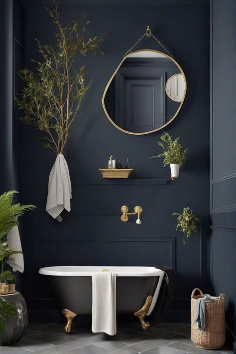 home decor interior design, home interior design, kitchen designs, interior bedroom design Dark Blue Wainscoting Bathroom, Dark Blue Wall Bathroom, Dark Trim Bathroom, Dark Painted Bathroom Walls, Blue Ensuite Bathroom Ideas, Dark Blue Master Bath, Moody Navy Bathroom, Dark Blue Powder Room Ideas, Half Bathroom Dark Walls