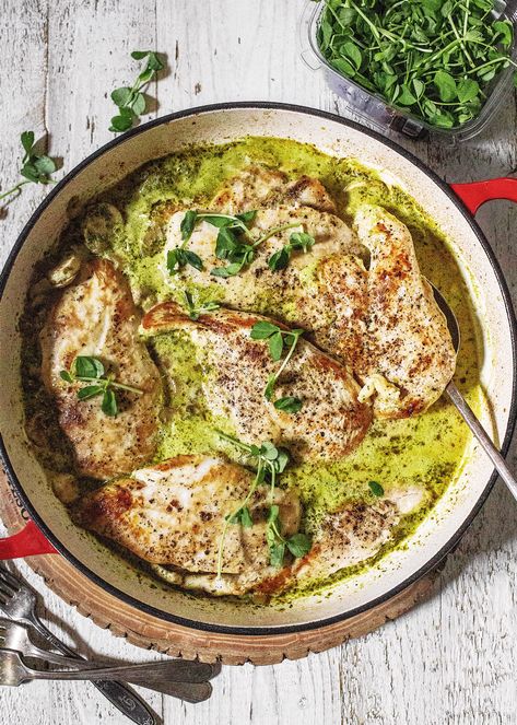 This Quick and Easy Creamy Pesto Chicken takes less than 30 minutes to make, and is such a crowd pleaser. Chicken cutlets simmer in a simple pesto cream sauce that is fortified with white wine, chicken stock and fresh sweet onion. Simple, and perfect for a busy weeknight. Grab this great one-on chicken recipe over on the blog. #onepanmeal #chickenskillet #pesto #pestochicken Chicken With Pesto Sauce, Fresh Pesto Recipe, Creamy Pesto Chicken, Sauteed Squash, Coconut Curry Shrimp, Creamy Pesto Sauce, Roasted Radishes, Steak And Mushrooms, Creamy Pesto