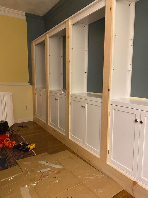 How to Build a DIY Built-In Bookcase (Target Hack) - The Upstate Colonial How To Make Bookshelves Look Built In, Book Case In Closet, Diy Bookshelf Next To Fireplace, Target Furniture Hack, Custom Media Wall Built Ins, China Cabinet Bookshelf, Diy Builtin Bookshelf, How To Make A Cabinet Look Built In, Inexpensive Built Ins