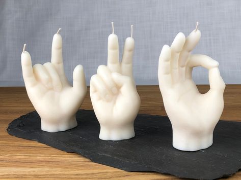 How you really feel, show them with these rock metal sign finger, peace finger and OK sign fun candles.   Each of our hand gesture candles are hand poured using %100 natural soy wax.  Our soy wax candles are made using all natural ingredients, just soy wax & natural wicks. Soy wax is vegan friendly and biodegradable. It burns cleaner and up to 50% longer than paraffin wax. Each candle is one of a kind as it is hand-poured. So there may be some frosting, air bubbles and minor imperfections may be Finger Candle, Peace Sign Fingers, Crazy Candles, Fun Candles, Pretty Candles, Weird Candles, Rock Candle, Metal Horns, Match Boxes