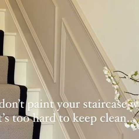 Painted Stairs Runner, Beige Painted Stairs, White Staircase With Runner, White Stairs With Runner, Painted Stairs With Runner, White Painted Stairs, Painted Bannister, Wool Loop Carpet, Stairs And Hallway Ideas