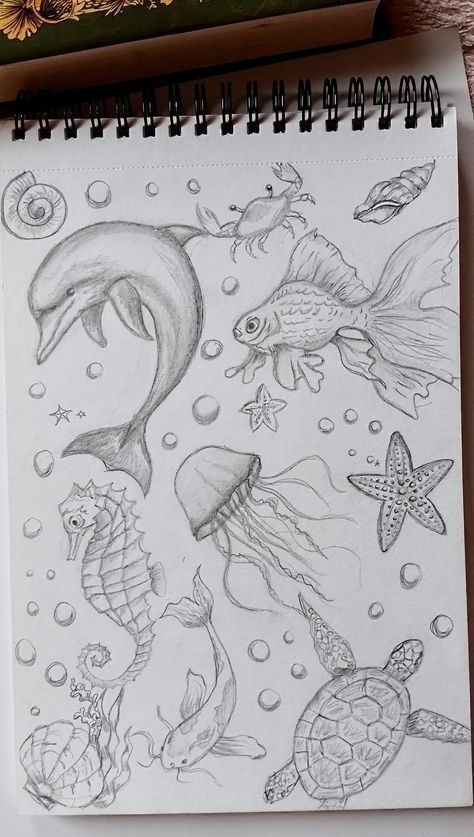 Depth Drawing Ideas, Sea Pencil Drawing, Summer Sketches Ideas, Drawing Ideas Sea, Sea Animals Painting, Drawing Ideas Ocean, Ocean Drawing Ideas, Sea Animal Drawings, Under The Sea Drawing