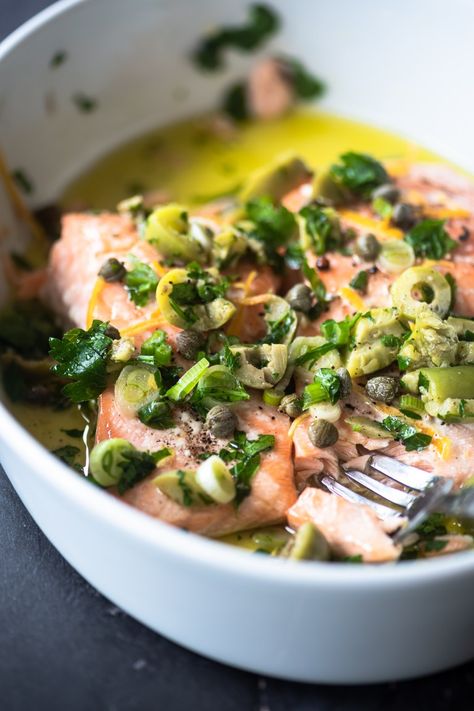 Salmon And Olives, Garlic Confit Salmon, Salmon With Olive Tapenade, Olive Oil Poached Salmon, Fancy Food Recipes, Olive Gremolata, Salmon Confit, Olive Oil Salmon, Lemon Gremolata