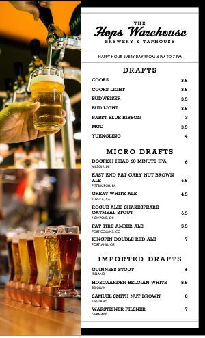 Beer Menu Templates and Designs - MustHaveMenus Beer Menu Design, Juice Bar Menu, Nut Brown Ale, Bar Branding, Bar Menu Template, Digital Menu Boards, Beer Menu, Hotel Ideas, Menu Design Template