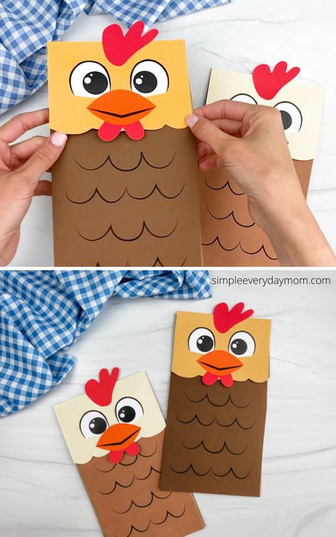 Paper Bag Farm Animal Puppets, Paper Bag Chicken Craft, Chicken Puppet Craft, Chicken Crafts For Toddlers, Chicken Crafts For Kids, Farm Animal Crafts For Kids, Paper Bag Crafts For Kids, Animals Crafts For Kids, Rooster Craft