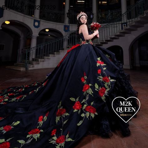 EVLAST Princess Black Red Emebroidery Quinceanera Dress Ball Gown Beading Charro Corset Sweet 16 Black And Red Quince Dress, Quince Charro Dresses, Red Charro Quinceanera Dress, Quince Charro, Red Quince Dress, Red Flower Embroidery, Quinceanera Shoes, Black Quince, Black Quinceanera Dresses