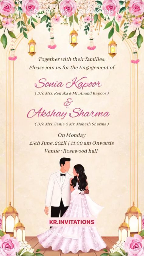 This Digital Engagement party Invitation template is perfect to invite your guest for your big day. Instant access, Easy to edit and download. Roka Invite template, Indian Invitations, whatsapp Invites. Indian Ring Ceremony, Engagement Invitation Design, Engagement Invitation Card Design, Engagement Card Design, Wedding Cards Images, Wedding Invitation Format, Engagement Party Themes, Indian Invitations, Indian Ring