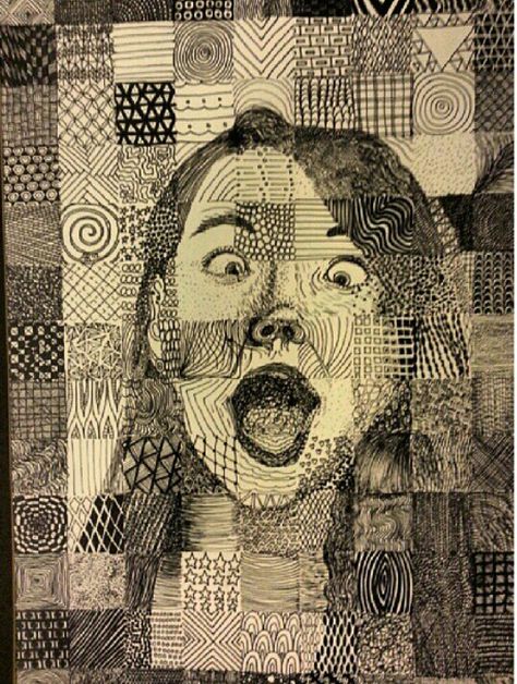 Self portrait with gridded patterns - sharpie Sharpie Portrait, Grid Portrait, Grid Method Drawing Portraits, Chuck Close Portraits Art Lessons, Texture Art Projects, Zentangle Self Portrait, Texture Sketch, Pattern Portrait, Grid Drawing