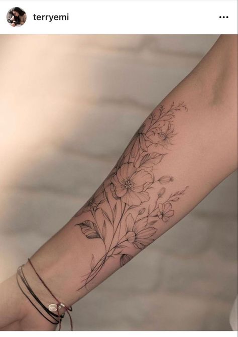 Flower Tattoos Wrap Around, Floral Half Sleeve Tattoo Forearm Simple, Flower Tattoos Lower Arm, Woman Half Sleeve Tattoo Lower Arm, Birth Flower Tattoos Wrap Around, Lower Arm Vine Tattoos For Women, Floral Inner Wrist Tattoo, Larkspur Arm Tattoo, Wildflower Arm Wrap Tattoo