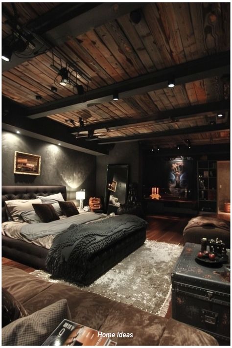 Dark Home Aesthetic Living Room, Industrial Interior Design Bedroom, Male Bedroom Ideas, Industrial Style Bedroom, Loft House Design, Luxury Room Bedroom, Rustic Aesthetic, Mens Bedroom, Masculine Design