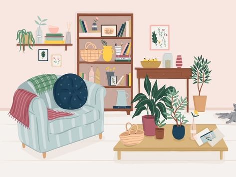 Living Room by Folio Illustration Agency on Dribbble Living Room Illustration, 달력 디자인, Garment Construction, Interior Design Sketches, Interior Illustration, House Illustration, Sustainable Home, Green Living, Flat Design