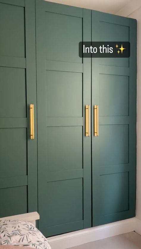 Bedroom Wardrobe Paint Ideas, Green Color Wardrobe Design, Green Painted Wardrobe, Green Wardrobes Bedroom, Ikea Pax Green, Fitted Wardrobe Colour Ideas, Dark Green Wardrobe Bedroom, Entryway Cupboards, Green Wardrobe Doors