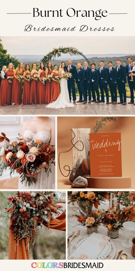 Autumn Orange Wedding, Wedding With Burnt Orange, Burnt Orange And Rust Wedding, Red Burnt Orange Wedding, Burnt Orange Bridal Dresses, Wedding Theme Ideas Orange, Dusty Orange Wedding Theme, Burnt Orange And Greenery Wedding, Safe And Burnt Orange Wedding