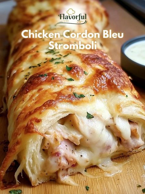 Flavorful side | Chicken Cordon Bleu Stromboli | Facebook Chicken Pot Pie Stromboli, Chicken Cordon Bleu Stromboli, Chicken Stromboli, Chicken Meatloaf, Cordon Blue, Blue Dishes, Chicken Cordon, Chicken Cordon Bleu, Cooked Chicken