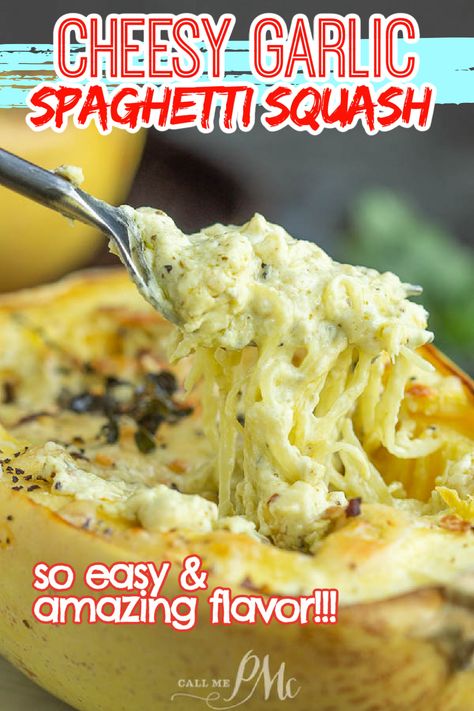 half spaghetti squash with cream cheese and seasoning Cheesy Garlic Spaghetti Squash, 3 Ingredients Recipes, Garlic Spaghetti Squash, Baked Spaghetti Squash Recipes, Garlic Parmesan Spaghetti Squash, Cheesy Spaghetti Squash, Cream Cheese Spaghetti, Spaghetti Squash Recipes Healthy, Easy Spaghetti Squash