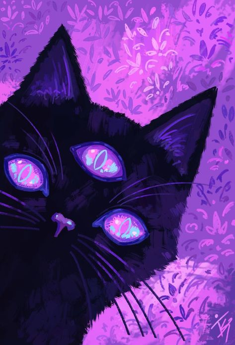 Dreamer of the subcönscious Röams through the pitch dark night Explöring the haunted dreams Ancient guardian öf sleep Many wörlds wide and between Stars trail behind her paws Drawing Purple, Trippy Cat, Illustration Cat, Pitch Dark, Psychadelic Art, Arte Punk, Cute Drawing, Purple Cat, Goth Art