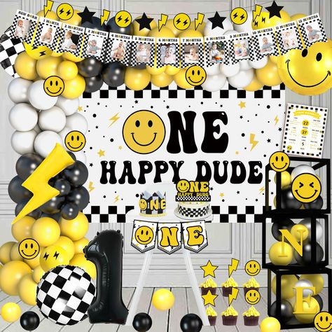 PRICES MAY VARY. ONE HAPPY DUDE BIRTHDAY PARTY DECORATIONS – Your little one is about to celebrate their first birthday! Mark this special milestone with our "One Happy Dude" birthday party decorations. Featuring vibrant colors and fun dude-themed items, we’ll create a lively and joyful atmosphere. Ready to make unforgettable memories? Let's embark on this exciting adventure together! ONE HAPPY DUDE PARTY DECORATIONS INCLUDES - 83 × 12'' latex balloons, 32 × 5'' latex balloons, 6 × cupcake toppe One Happy Dude Birthday Table Decor, Baby First Birthday Themes Boy, One Cool Dude First Birthday Party, One Year Old Birthday Party Boy, Yellow First Birthday, First Birthday Boy Themes, Boy Birthday Ideas, One Happy Dude Birthday Party, One Happy Dude First Birthday