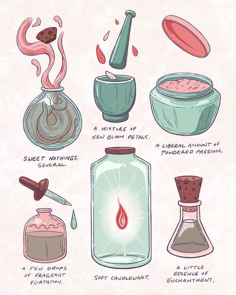 Love Spell Potion, Love Potion Ingredients, How To Make A Love Potion, Potion Making Aesthetic, Love Spell Aesthetic, Love Potion Aesthetic, Romance Spell, Potions Ingredients, Ingredients Illustration