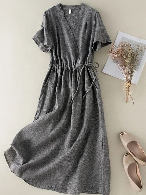 13.35￡ 31% OFF|Literary Retro Cotton Plaid Dresses For Women 2023 New V-neck High Waist Drawstring Elegant Slim Check Dress Robe Femme - Dresses - AliExpress Muslim Dresses, Belted Midi Dress, Linen Midi Dress, Check Dress, Mid Length Skirts, Abaya Fashion, Sheer Chiffon, Dress Robes, Japan Fashion