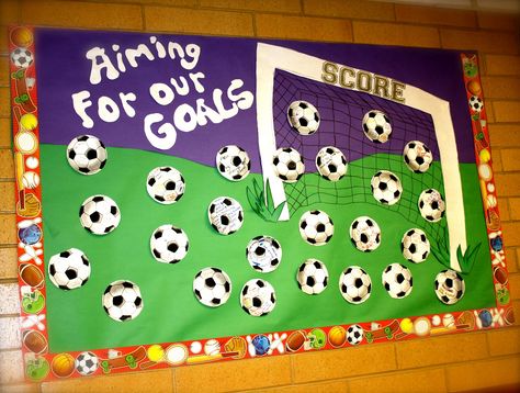 Soccer Bulletin Board, Baseball Theme Classroom, Sports Bulletin Boards, Goals Bulletin Board, School Sports Theme, School Wide Themes, Sports Theme Classroom, Team Theme, Sports Classroom