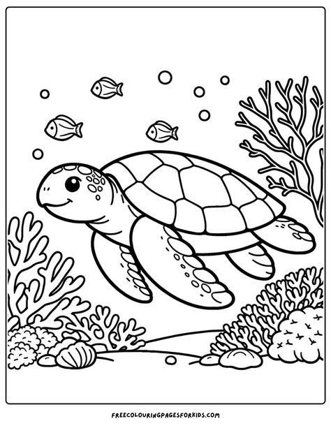 Get ready for an underwater adventure with our free kids coloring printable! Dive into the magical world of the ocean as you color in a beautiful sea turtle swimming near a vibrant coral reef. Download your free coloring page now and let the creativity flow! Under The Sea Colouring Page, Ocean Themed Coloring Pages, Under The Sea Coloring Pages Free, Ocean Colouring Pages, Free Ocean Coloring Pages, Watercolor Coloring Pages Free Printable, Free Easy Coloring Pages, Ocean Printables Free, Underwater Drawing For Kids