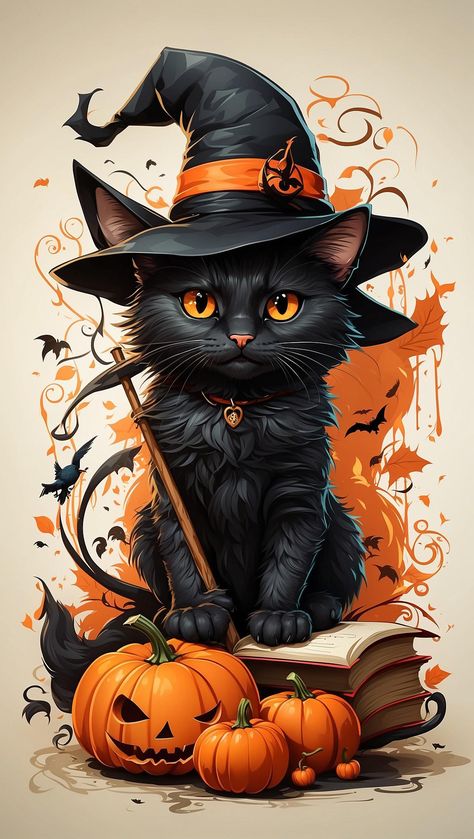 Digital Download Poster Halloween Cat. A Black, Pumpkins, Black Cat, Moon, Halloween, Black