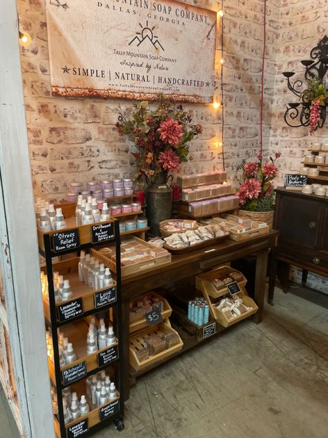 Soap Retail Display, Essential Oil Retail Display, Candle Boutique Ideas, Skincare Vendor Display, Painted Tree Booth, Apothecary Market Display, Soap Craft Show Display, Soap Store Display Ideas, Apothecary Shop Ideas