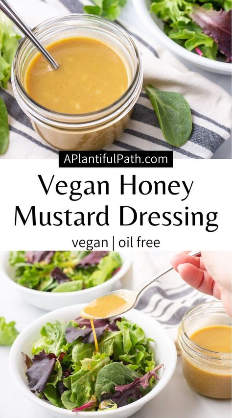 This Vegan Honey Mustard Dressing adds sweet and tangy flavor to any food you pair with it. With only 4 ingredients, you can whip together this oil free, dairy free sauce in minutes! Vegan Sauces And Dressings, Vegan Honey Mustard Dressing, Wfpb Sauces, Dairy Free Sauce, Vegan Honey Mustard, Vegan Dressing Recipes, Starch Diet, Vegan Salad Dressing Recipes, Vegan Dressings