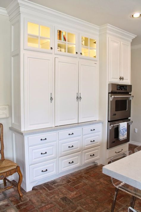 Hidden Appliance Cabinet and Desk Command Center in the Kitchen - Eleven Gables Shallow Kitchen Cabinets Wall, Built In Wall Cabinets Kitchen, Built In Cabinet Under Window, Buffet Cabinet Built In, Shallow Kitchen Cabinet Wall, Full Wall Kitchen Cabinets, Cabinet Appliance Garage, Kitchen Built In Cabinets, Desk Command Center