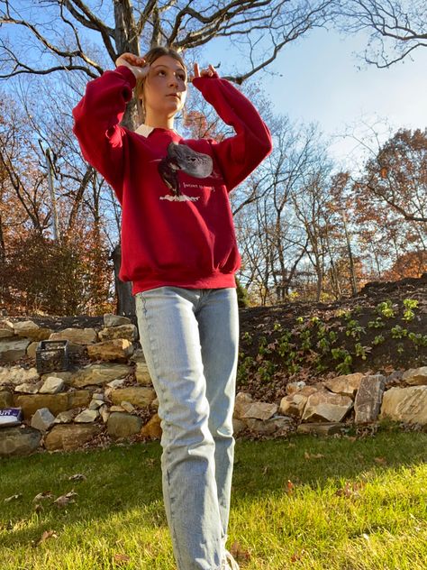 Sweatshirt Over Collared Shirt Outfit, Red Collared Shirt Outfit, Long Sleeve Collared Shirt Outfit, Red Sweatshirt Outfit Aesthetic, Red Sweatshirt Outfit Winter, Sweatshirt With Collared Shirt Outfit, Red T Shirt Outfit, Sweater With Collared Shirt, Red Sweatshirt Outfit