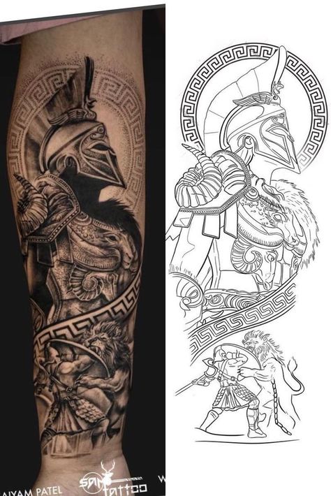 Trojan Tattoo Ideas, Arm Sleeve Drawing, Trojan Tattoo, Achilles Tattoo, Warrior Tattoo Sleeve, Gladiator Tattoo, Half Sleeve Tattoos Forearm, Zeus Tattoo, Spartan Tattoo