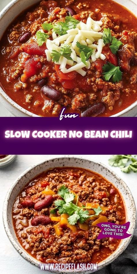 Looking for a hearty meal that’s easy to prepare? This Slow Cooker No Bean Chili Recipe is packed with flavor and perfect for busy nights. Save this delicious chili recipe for a comforting dinner that will warm your soul and impress your guests! Chili Beans Crockpot, No Bean Chili Recipe, Chili With Ground Beef, Beans Recipe Crockpot, Delicious Chili Recipe, Beans In Crockpot, Comforting Dinner, Bean Chili Recipe, Chili Recipe Crockpot